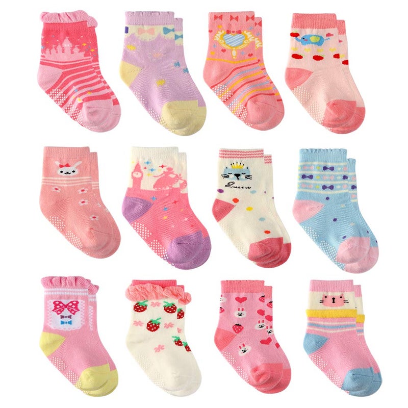 Cottock 12 Pairs Toddler Girl Grip Socks Non Skid Cotton Crew Socks, Baby Socks Girl Anti Slip Socks for Kids Girls (12 Pairs Princess, 1-3 Years) - Image 1